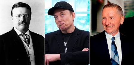 De izqda. a dcha., Theodore Roosevelt, Elon Musk y Ross Perot