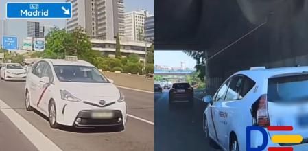 El momento en el que un taxista adelanta a un coche por la derecha usando el arcén