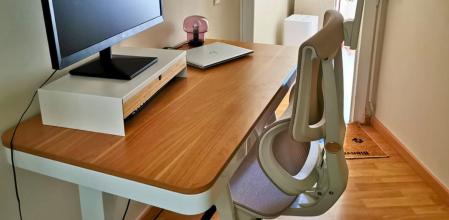 El despacho de mi casa con una mesa elevable y una silla ergonómica de Flexispot