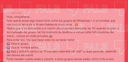 Mensaje de whatsapp en el que se asegura que la IA de Meta puede acceder a los mensajes personales de los chats de WhatsApp&nbsp;