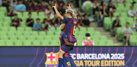 DAEGU, SOUTH KOREA - AUGUST 04: Gavi of FC Barcelona celebrates scores his sideâ#{emoji}128;#{emoji}153;s first goal during the pre-season friendly between FC Barcelona and Daegu FC at Daegu Stadium on August 04, 2025 in Daegu, South Korea. (Photo by Han Myung-Gu/Getty Images)