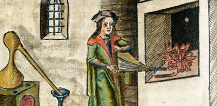 Alquimista en una ilustración para 'Margarita Philosophica', enciclopedia del monje alemán Gregor Reisch, 1503