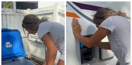 Nicole Abad limpiando el WC de su motorhome