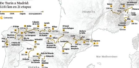 Mapa de las 21 etapas de La Vuelta, que arranca en Turín y acaba en Madrid el 14 de septiembre