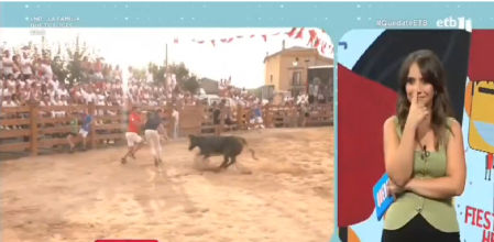 Captura de pantalla del video de en donde la vaquilla embiste al reportero en vivo.&nbsp;