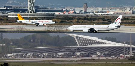 En la imagen superior, vista de la torre de control del aeropuerto de El Prat; abajo, imagen del aeropuerto de Bilbao, en Loiu