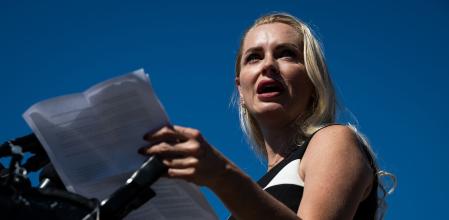 Anouska De Georgiou, a survivor of deceased financier Jeffrey Epstein's sex trafficking ring, during a news conference outside the US Capitol in Washington, DC, US, on Wednesday, Sept. 3, 2025. Survivors of deceased financier Jeffrey Epstein's sex trafficking ring called on Congress to pass legislation requiring the Trump administration to release all unclassified material gathered in a federal investigation of the operation, including information on clients who abused underage girls. Photographer: Graeme Sloan/Bloomberg