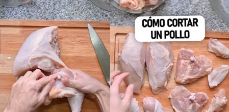 Un cocinero explica la forma de cortar el pollo.