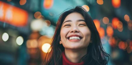 Una joven sonriendo de felicidad