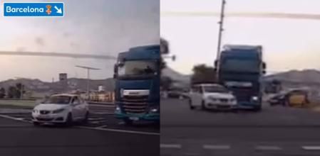 El momento en el que un camión se salta la obligación de girar a la izquierda y casi se lleva por delante a un coche