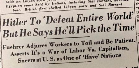 “Hitler ‘derrotará al mundo entero’ pero dice que él escogerá el momento”. Portada del ‘New York Herald Tribune’, 11 de diciembre de 1940