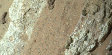 En esta imagen de Perseverance se observan las manchas oscuras en la formación rocosa llamada