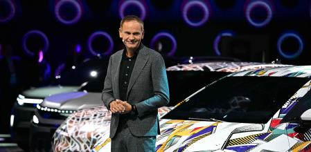 Oliver Blume,CEO of the Volkswagen Group delivers a speech in fron of a Polo I.D. at the International Motor Show IAA on September 8, 2025, in Munich, southern Germany. The IAA Mobility fair runs from September 9 to 14, 2025. (Photo by Tobias SCHWARZ / AFP)
