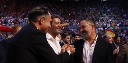 André Ventura, líder y candidato presidencial de Chega, en Madrid el pasado 14 de septiembre, en un acto de Vox, junto a Santiago Abascal 