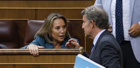 MADRID, 17/09/2025.- El presidente del PP, Alberto Núñez Feijóo conversa con la diputada Cuca Gamarra durante la sesión de control celebrada, este miércoles, en el Congreso de los Diputados. EFE/ J.J. Guillén