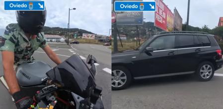 El momento en el que un motorista frena en seco para evitar ser atropellado por un conductor que se salta el ceda el paso de una rotonda por conducir distraído mientras mira el teléfono móvil