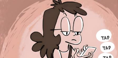 La protagonista de ‘Roncas’ con su móvil, viñeta del cómic de Elva Lombardía