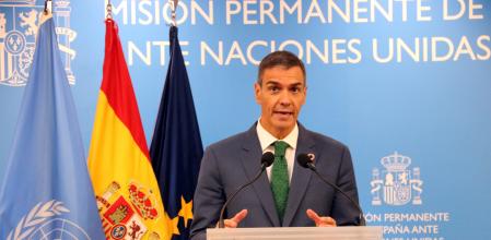 El presidente Pedro Sánchez compareció este miércoles en rueda de prensa en la Misión Permanente de España en la ONU&nbsp;