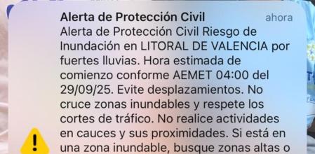 Un fragmento del mensaje enviado por Emergencias de la GVA el 28 de septiembre de 2024