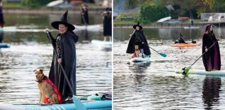 La bonita escena de una mujer vestida de bruja haciendo paddlesurf junto a su perro: “Ya están aceptando perros en Hogwarts”