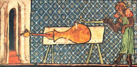Un primitivo cañón medieval, conocido como 'pot-de-fer', ilustrado en un manuscrito