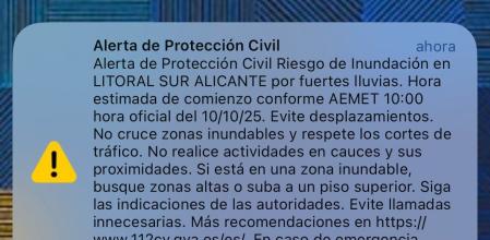 Emergencias envía un Es-Alert a los móviles del litoral sur de Alicante por la alerta roja por lluvias de este viernes