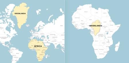 El tamaño de Groenlandia y África según Mercator (izquierda) y en la realidad (derecha).