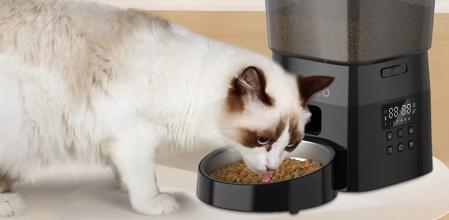 Gato comiendo en el dispensador.
