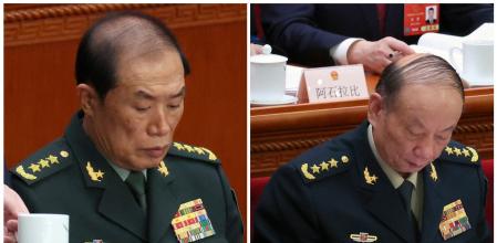 Dos fotos de marzo: a la izquierda, el número dos del ejército, general He Weidong, desaparecido durante meses, cuya caída en desgracia ha sido confirmada este jueves con su sustitución por Zhang Shengmin (derecha), el general al frente de la comisión anticorrupción.