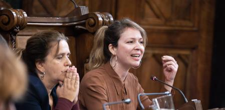 Janet Sanz, junto a su compañera de filas Gemma Tarafa, interviene en el pleno de octubre&nbsp;