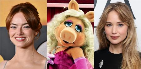 Emma Stone, la cerdita Peggy y Jennifer Lawrence