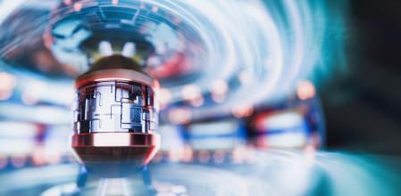 Abstract Reactor Tokamak - 3d render image of  nuclear fusion reactor, tokamak magnetic field to confine plasma in the shape of a torus. Toroidal shape, clean energy. Cutting-edge tokamak fusion reactor generating clean, sustainable energy with plasma. The future of power technology.