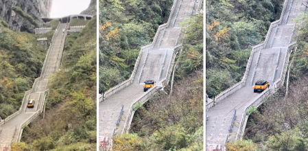 El Fengyun X3L de Chery no logró conquistar los 999 escalones de la montaña Tianmen y provocó importantes daños en su histórica estructura