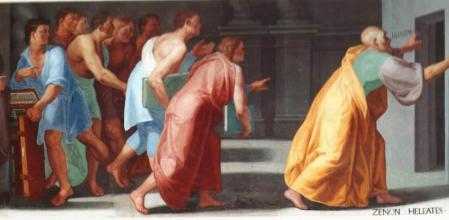 Zenón muestra las puertas a la verdad y la falsedad (Veritas et Falsitas). Fresco en la Biblioteca de El Escorial, Madrid.