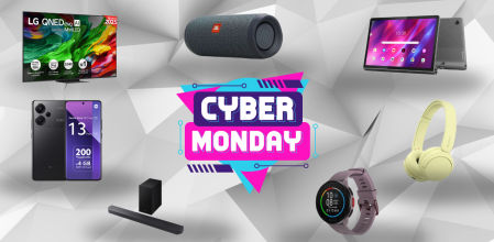 Portada de artículo de Cyber Monday con fondo blanco, logo colorido en el centro y productos tecnológicos en oferta alrededor.