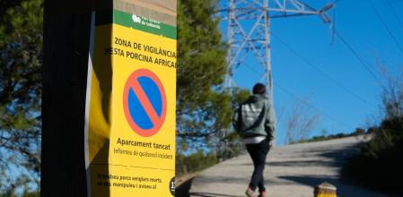 Aspecto de uno de los accesos al Parque Natural de Collserola, alertando de la presencia de la peste porcina hallada en jabalíes autóctonos de la zona, este lunes