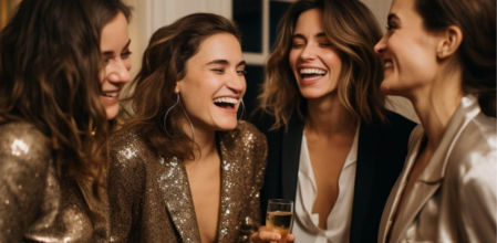 Grupo de cuatro mujeres riendo y brindando con copas de champán, vestidas con looks de fiesta en tonos metalizados y elegantes durante una celebración de Fin de Año.