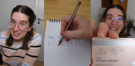 Con una libreta, un bolígrafo y una calculadora, Cèlia Ventura detalla los pasos que sigue para averiguar el último dígito de una tarjeta de crédito