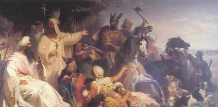 El califa Harún al-Rashid recibe a una delegación de Carlomagno. Pintura de Julius Köckert.