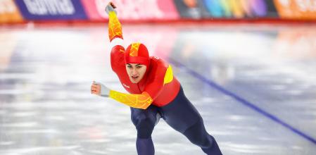 Nov 23, 2025; Calgary, Alberta, CANADA; Nil Llop Izquierdo of Spain competes in the men's 500m during the ISU Speedskating World Cup at Calgary Olympic Oval. Mandatory Credit: Sergei Belski-Imagn Images