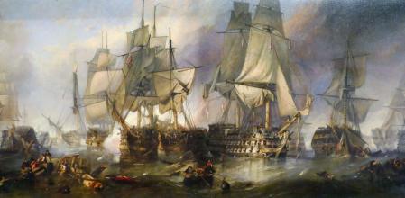La batalla de Trafalgar en 1805 , cuadro del pintor inglés Clarkson Stanfield; en el centro, el buque insignia británico, el HMS Victory