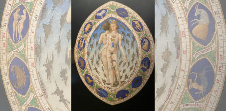 ‘El hombre anatómico’ o ‘zodiacal’ , miniatura de estética ya próxima al Renacimiento, una de las joyas del manuscrito iluminado ‘Las muy ricas horas del duque de Berry’