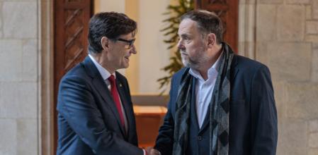 Reunión del president Salavdor Illa con Oriol Junqueras en el Palau de la Generalitat.