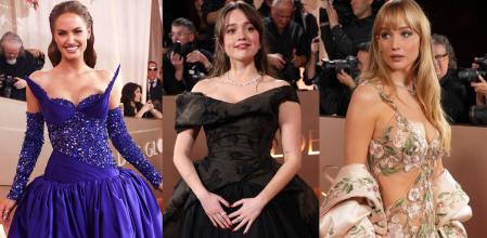 Haley Kalil, Aimee Lou Wood y Jennifer Lawrence en la alfombra roja de los Globos de Oro este domingo en Los Ángeles.