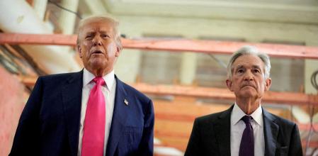 FILE PHOTO: U.S. President Donald Trump and Federal Reserve Chair Jerome Powell speak during a tour of the Federal Reserve Board building, which is currently undergoing renovations, in Washington, D.C., U.S., July 24, 2025. REUTERS/Kent Nishimura/File Photo