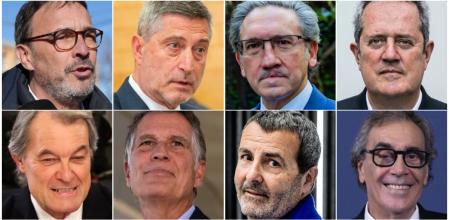 De izquierda a derecha, Josep Rius, Jordi Martí, Jaume Giró, Joaquim  Forn, (arriba), Artur Mas, Jaume Guardiola, Xavier Sala Martín y Tatxo Benet (abajo)