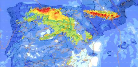 Mapa de acumulación de nieve y lluvia para los próximos 5 días en la Península Ibérica. Modelo WRF-ARW