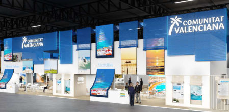 Render de cómo serà el espacio expositivo de la Comunitat Valenciana en Fitur 2026&nbsp;