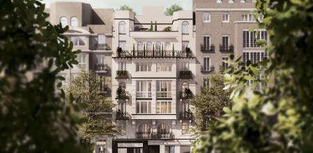 La fachada de GP20 conserva el carácter original de la finca, restaurado respetando molduras y proporciones propias del barrio de Salamanca