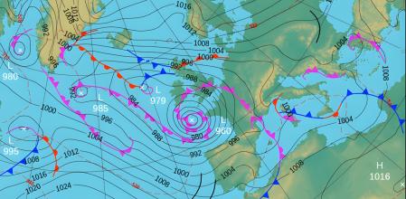 Mapa isobárico para el viernes 23 en Europa occidental.